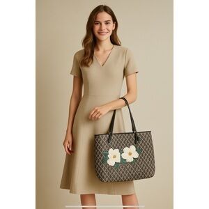 LANCASTER PARIS TOTE LG IKON COATED CANVAS FLORAL STITCHING ADJ STRAPS BROWN